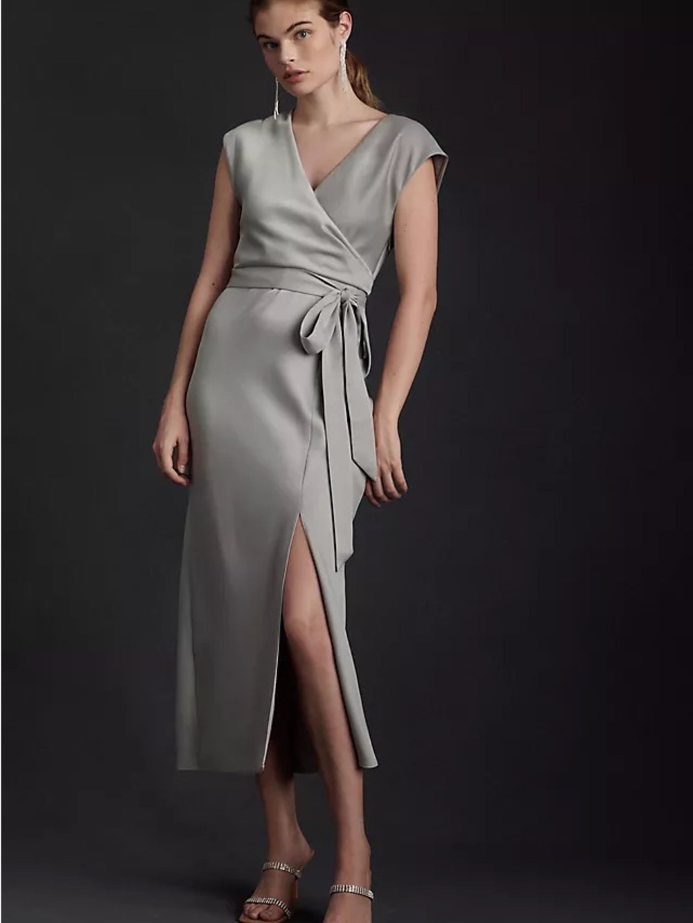 BHLDN Louisa Grey Silver Wrap Dress with Slit Size 2